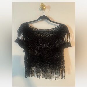 Chic Black Crochet Fringe Blouse